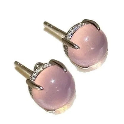 Round egg surface chalcedony stud earrings with Chinese retro design and four-claw copper setting