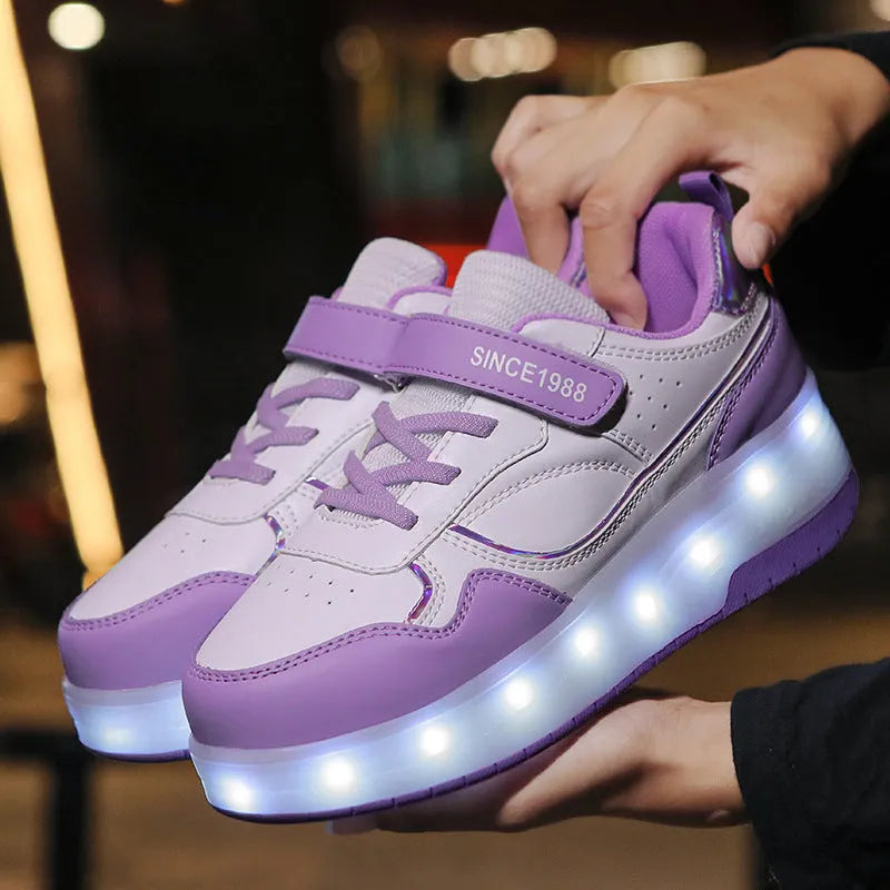 Charging flash roller skates with LED lights in pink, white, black, and purple colours