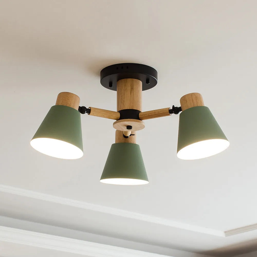 Nordic macaron style ceiling pendant lamp with ironwood frame showing multiple head configuration