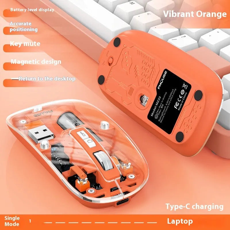 Transparent wireless computer mouse with USB connection showing internal components through plastic housing