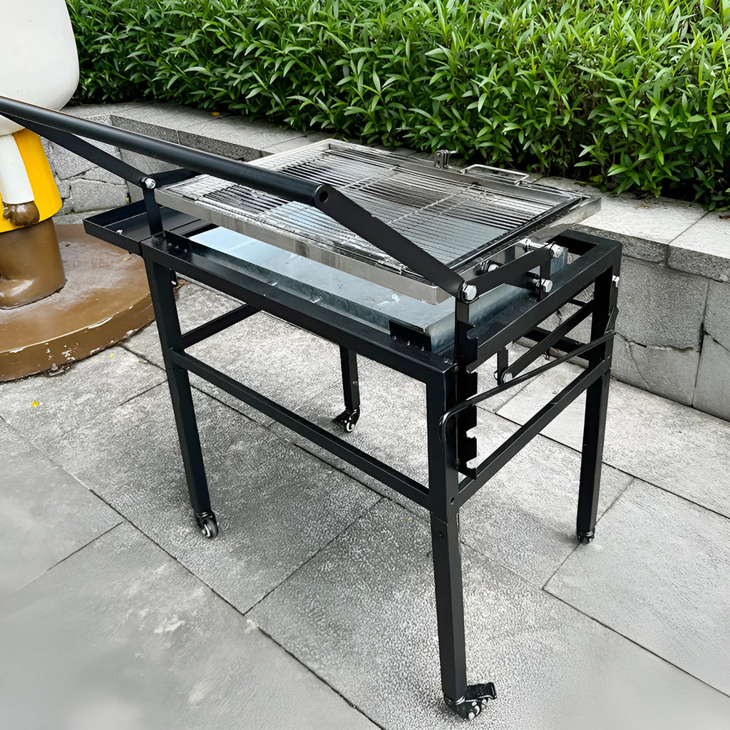 Large foldable charcoal BBQ stove with grill, shown in an outdoor setting.