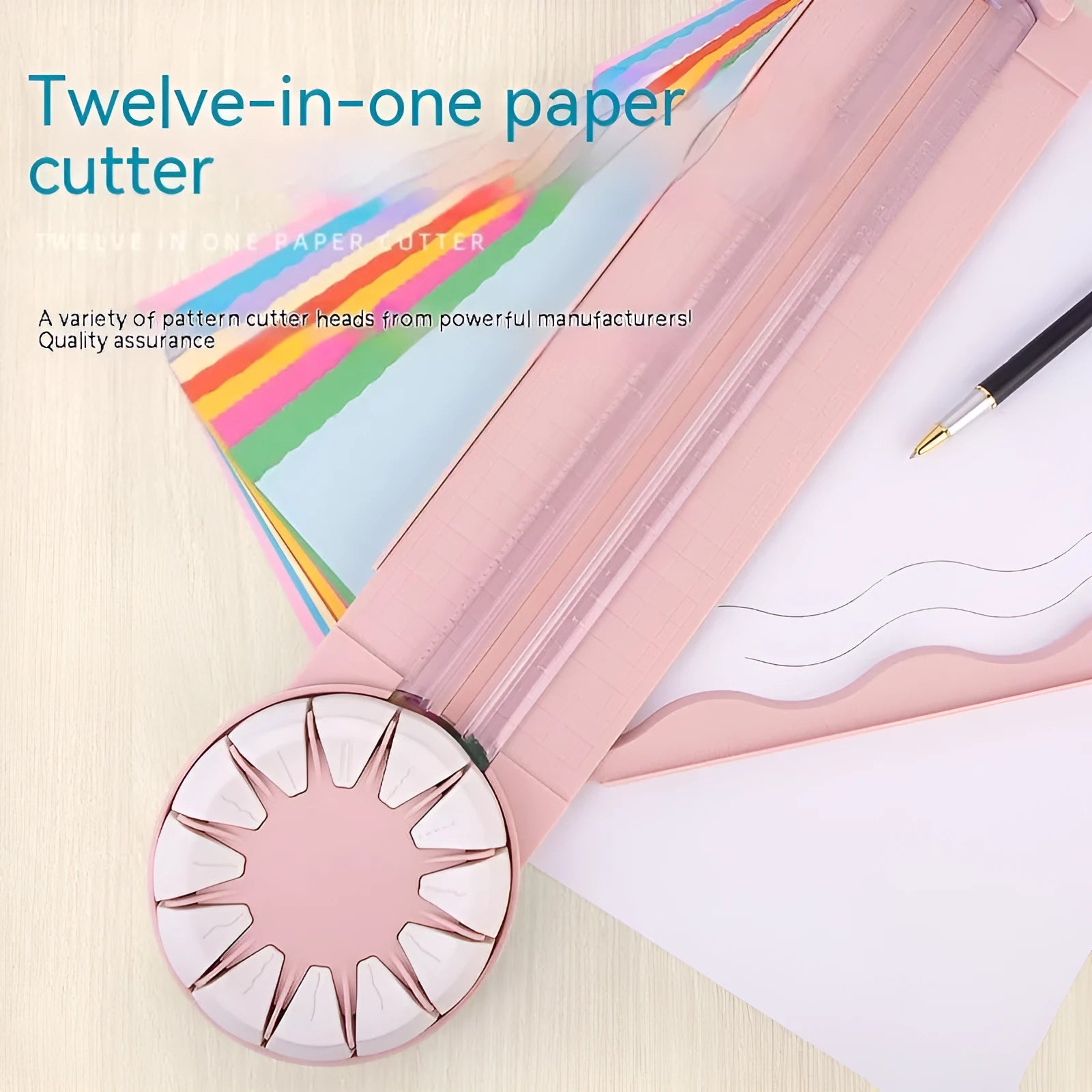 Pink plastic 12-in-1 multifunctional paper cutting machine for crafts on a white background.