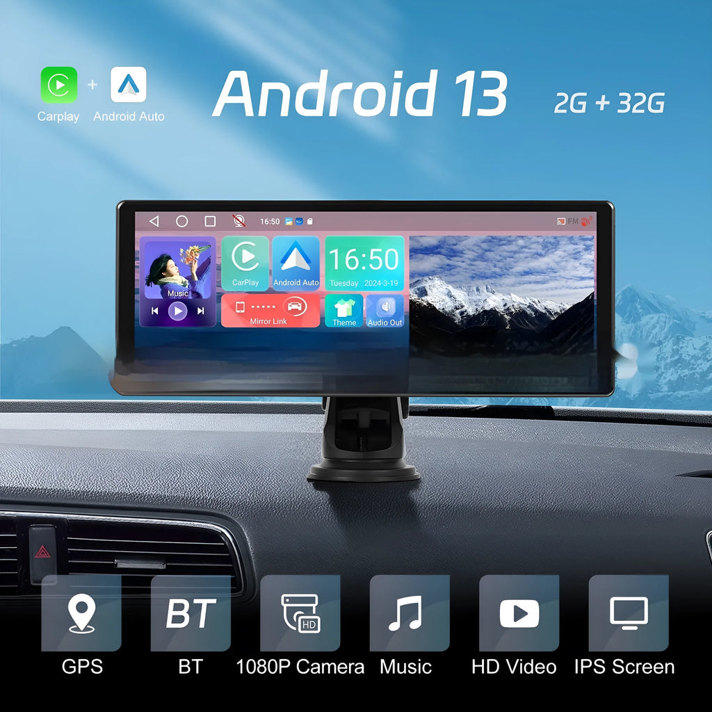 Android car display unit with 11.3-inch touchscreen mounted on vehicle dashboard