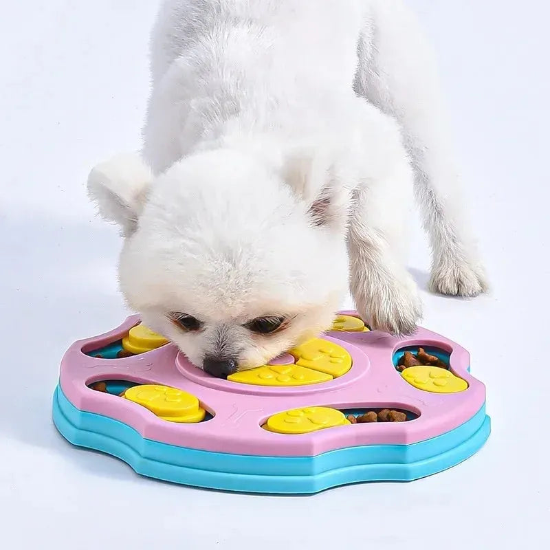 Blue plastic dog puzzle feeder toy with interactive food searching compartments for aggressive chewers