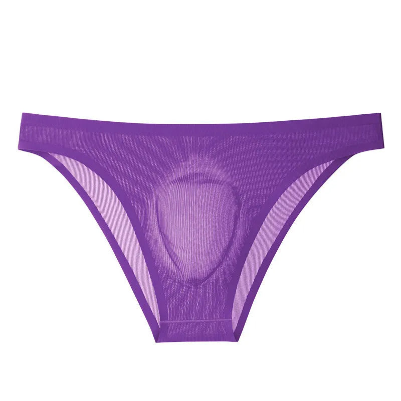 Seamless low waist ice silk briefs in black, showing ribbed texture and thin fabric