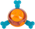 Blue rubber interactive dog toy with bone shapes for slow feeding and treat dispensing