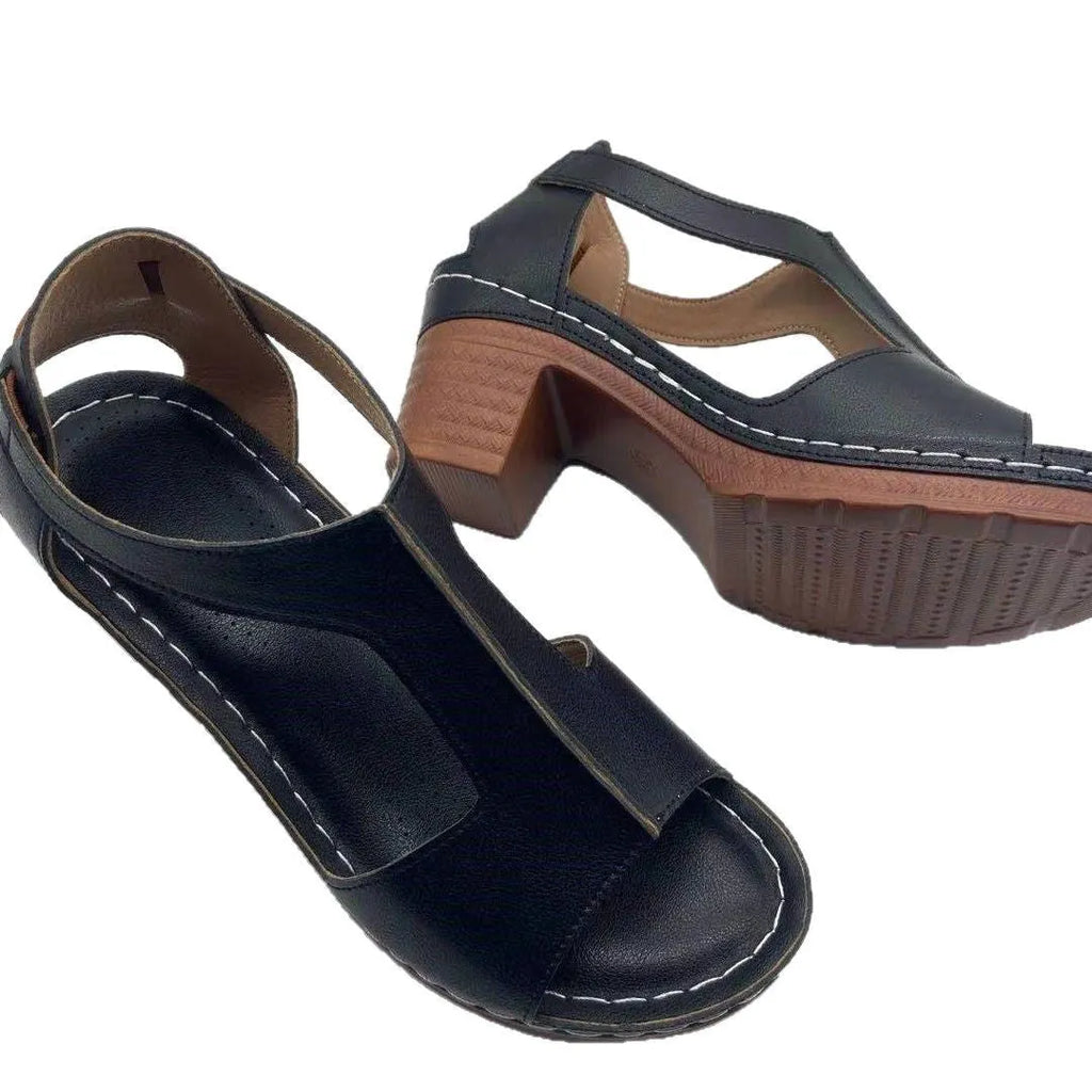 Plus size peep toe wedge sandals with Roman buckle detailing in light brown colour
