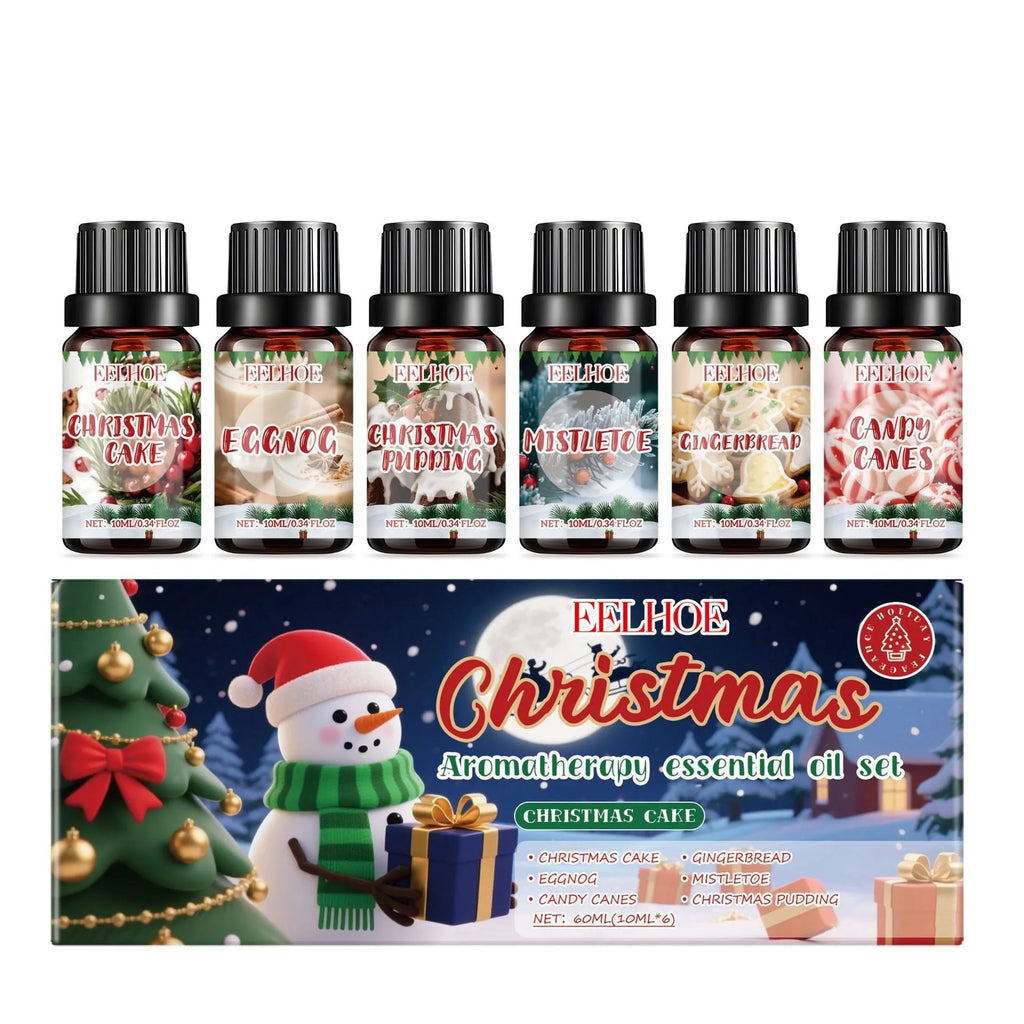 Christmas aromatherapy oil diffuser set showing six units with 60ml and 10ml bottles for home fragrance.