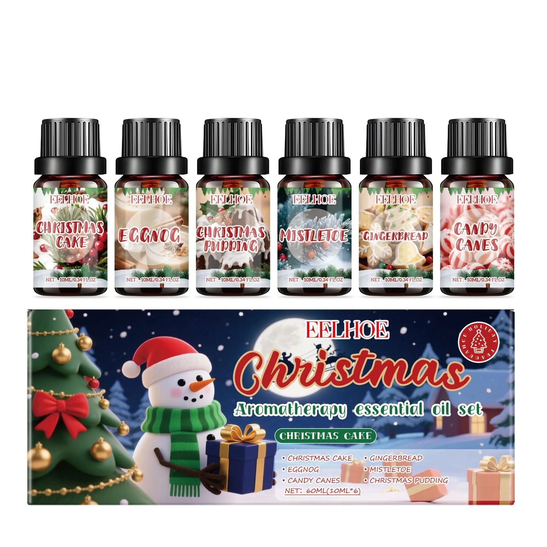 Christmas aromatherapy oil diffuser set showing six units with 60ml and 10ml bottles for home fragrance.