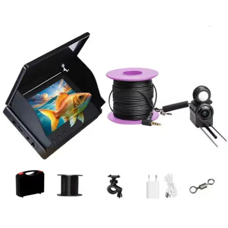 Underwater fishing camera with 4.3-inch screen, camera unit, and coiled cable on a fishing boat deck