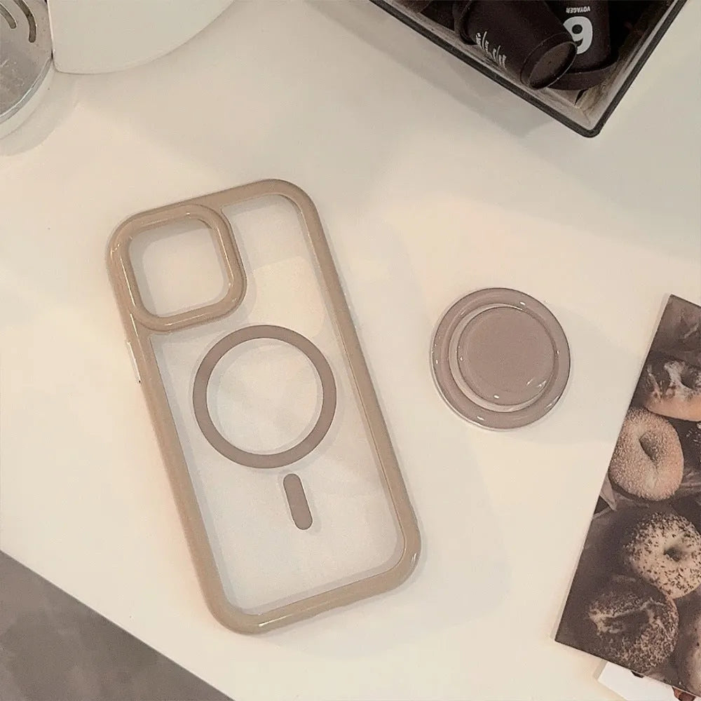 Solid colour magnetic bracket phone case for iPhone with acrylic back and magnetic edge in pink