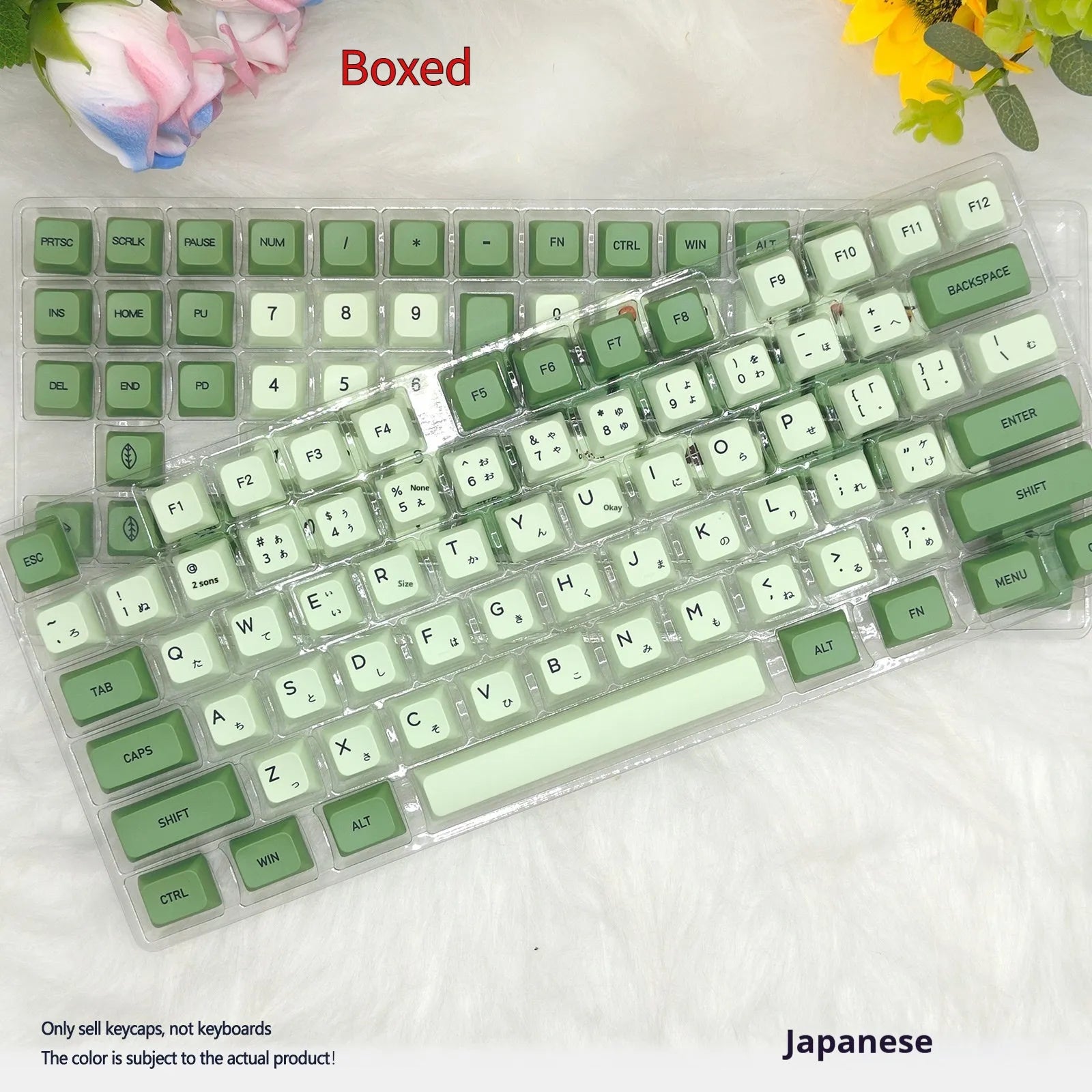 124-key Matcha green PBT keycap set for a mechanical keyboard, showing multiple language layout options.