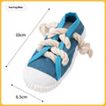 Plastic squeaky slipper-shaped dog chew toy in yellow, black, or blue.