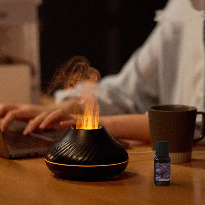Beige volcanic flame aroma diffuser with LED lighting and mist output
