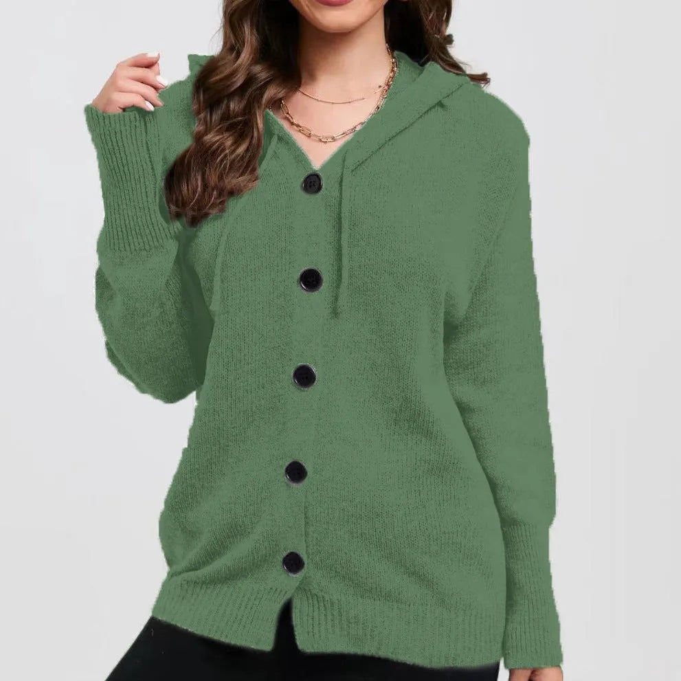 Women's loose fit cotton hooded cardigan sweater in a solid colour with textured pattern.