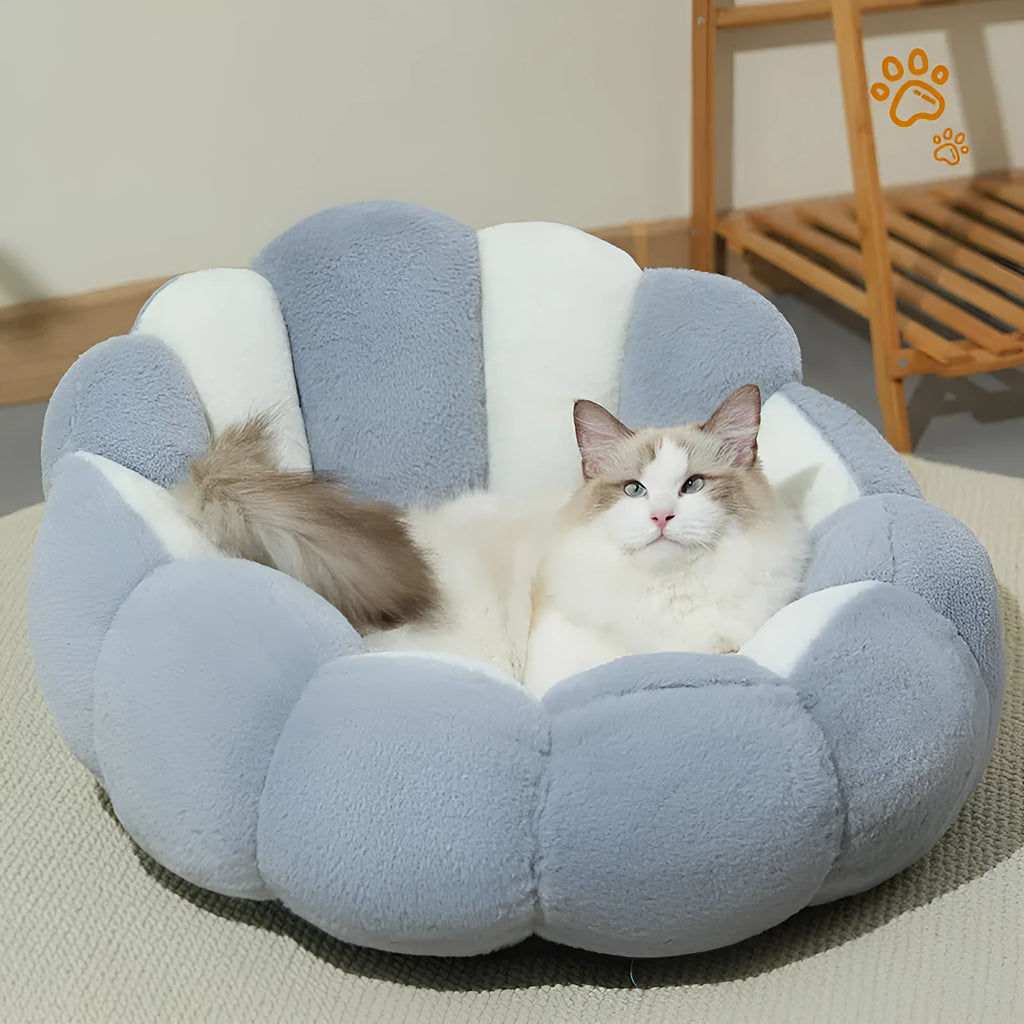 Grey white rabbit fur pet shell nest kennel for cats and dogs, shown in three sizes.