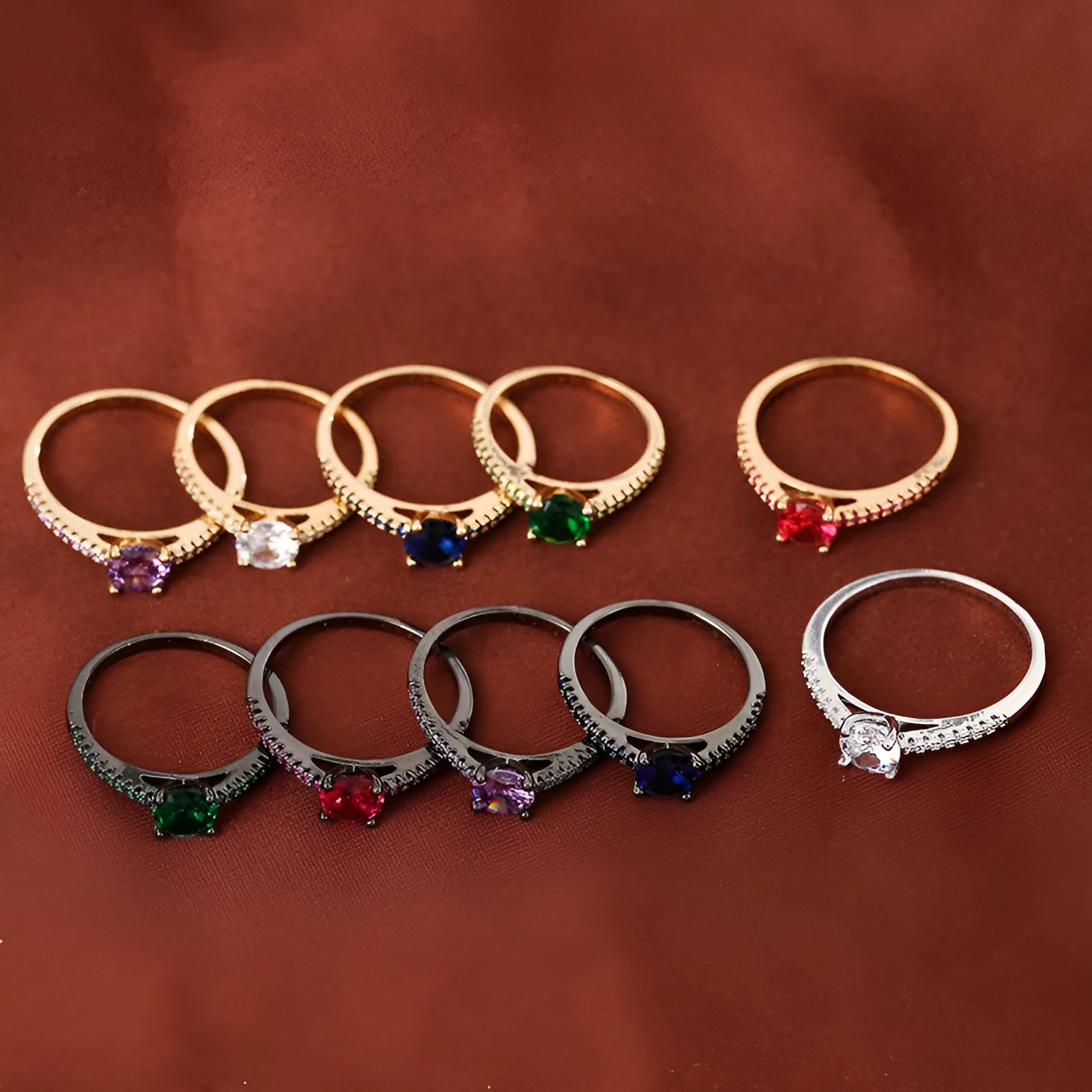 Copper zircon hexagonal geometric ring in a gold rose red electroplated finish.