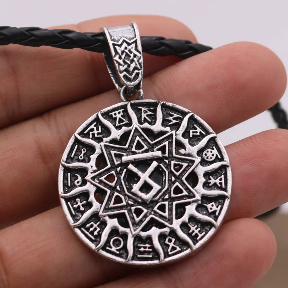 Lunavin logo alloy pendant necklace with leather rope and snake chain in antique silver or bronze finish.