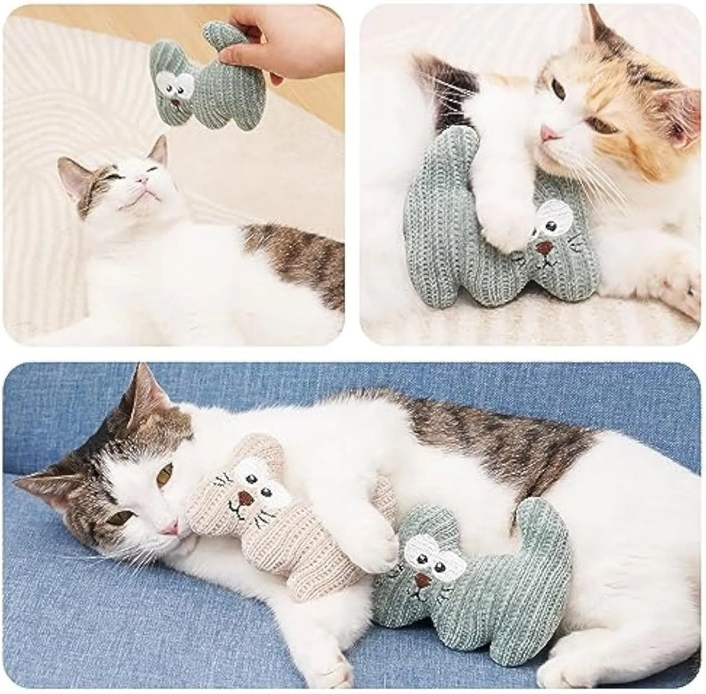 Cyan plush cat toy with bell and catnip, shown next to a light coffee coloured version.