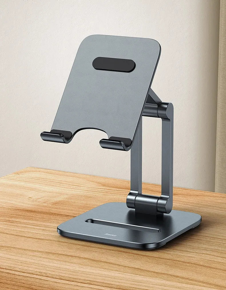 Deep space grey aluminium folding stand holding a tablet and a mobile phone separately.