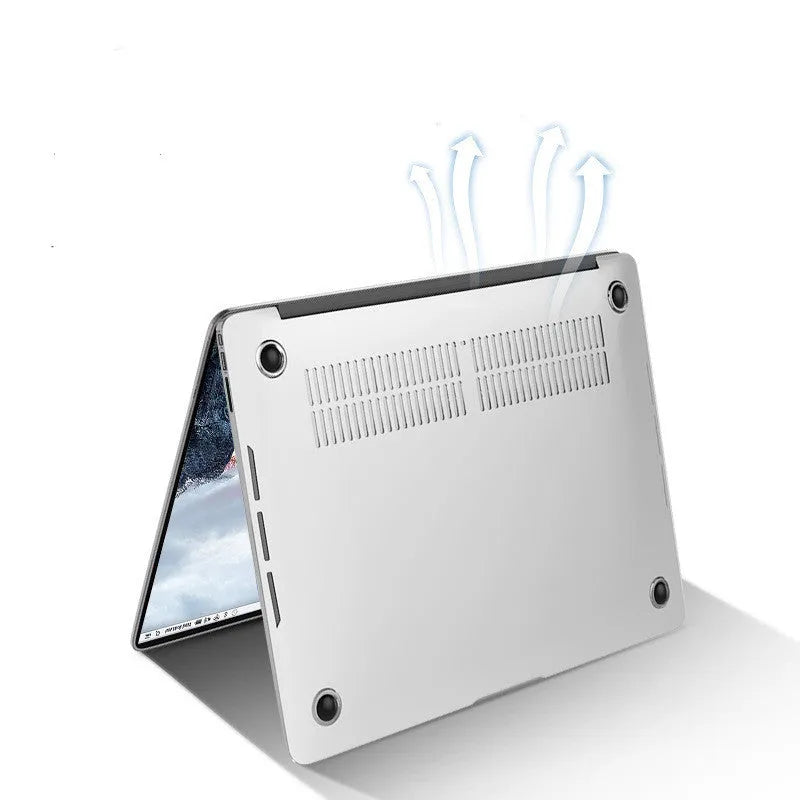 Transparent and black PC hard shell protective case for Apple MacBook Pro 14-inch and 16-inch laptops.