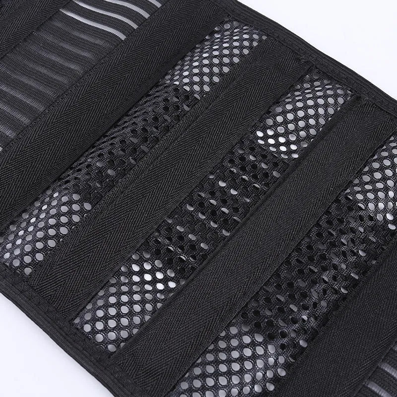 Black breathable sports waist support belt with internal steel plate shown on a plain background.