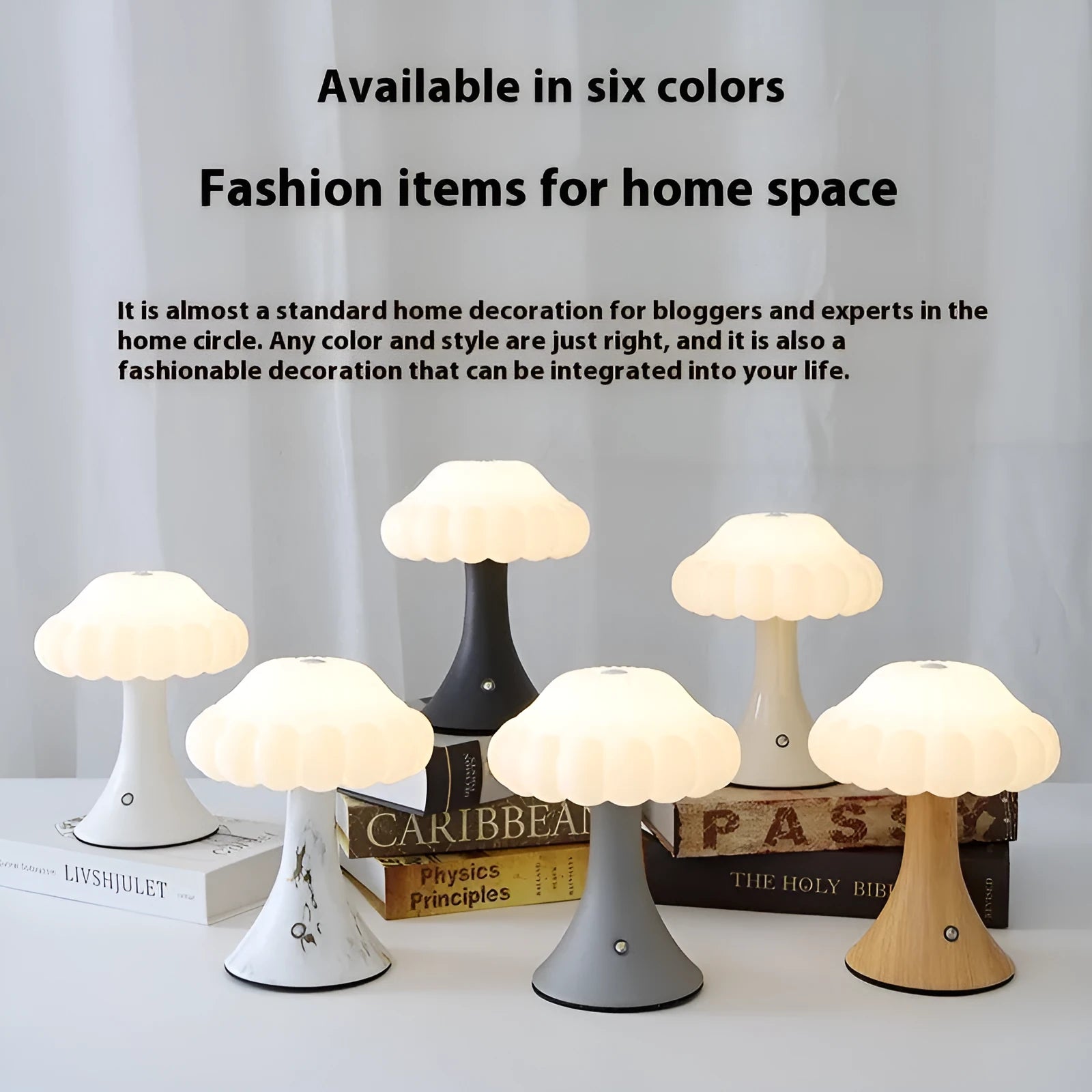 Small mushroom-shaped night lamp on a charging base in wood grain colour finish.