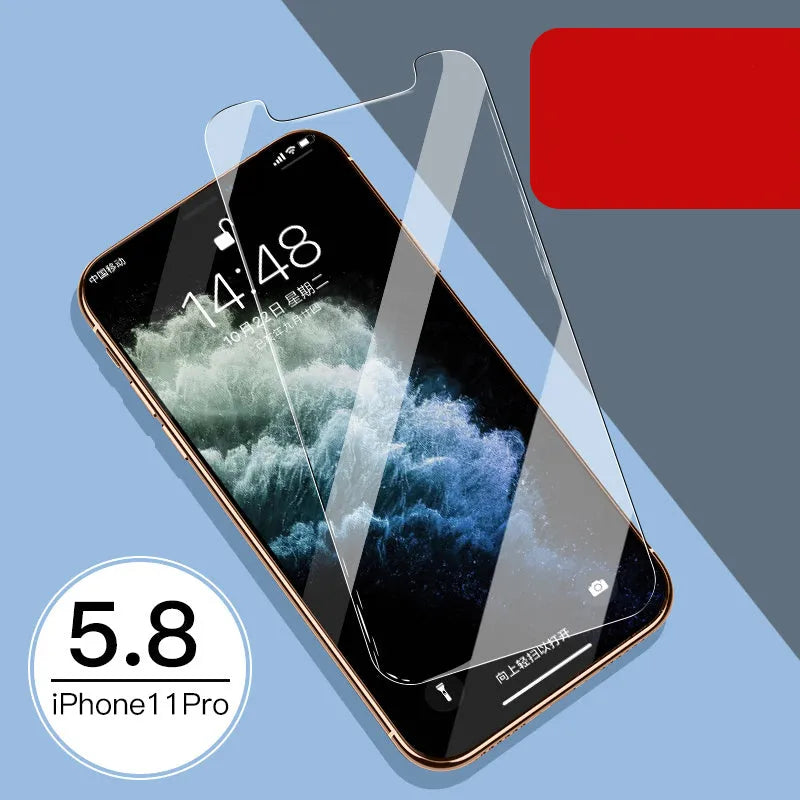 iPhone 11 Pro Max tempered glass screen protector with rear film showing 10D explosion-proof edges.