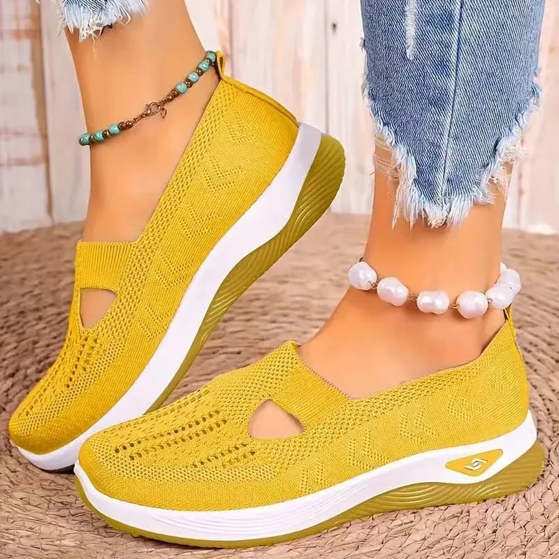 Women's soft sole casual mesh shoes with T-strap in various colours on a white background