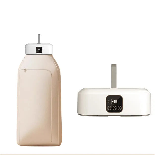 White cylindrical compact clothes dryer with remote control for dormitory use