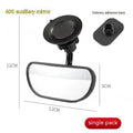Black 360-degree rotating rearview mirror for cars shown with a large sucker mount for windscreen attachment.