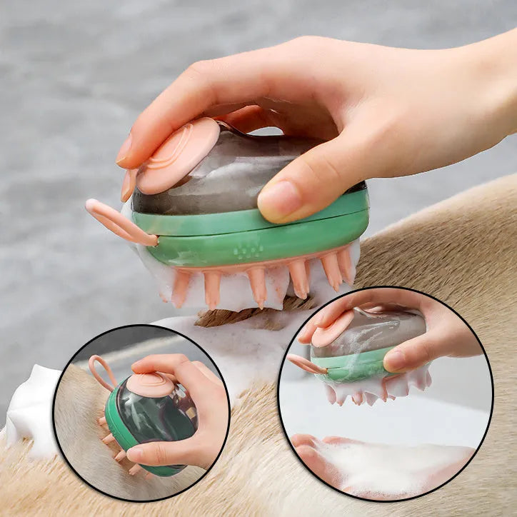 Blue and green pet grooming brush with shampoo dispenser for dogs and cats.
