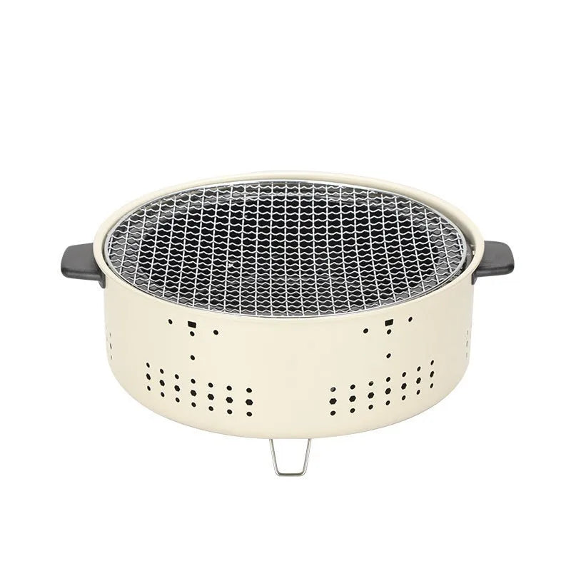 Portable indoor charcoal stove with grill rack disk for baking and tea cooking.
