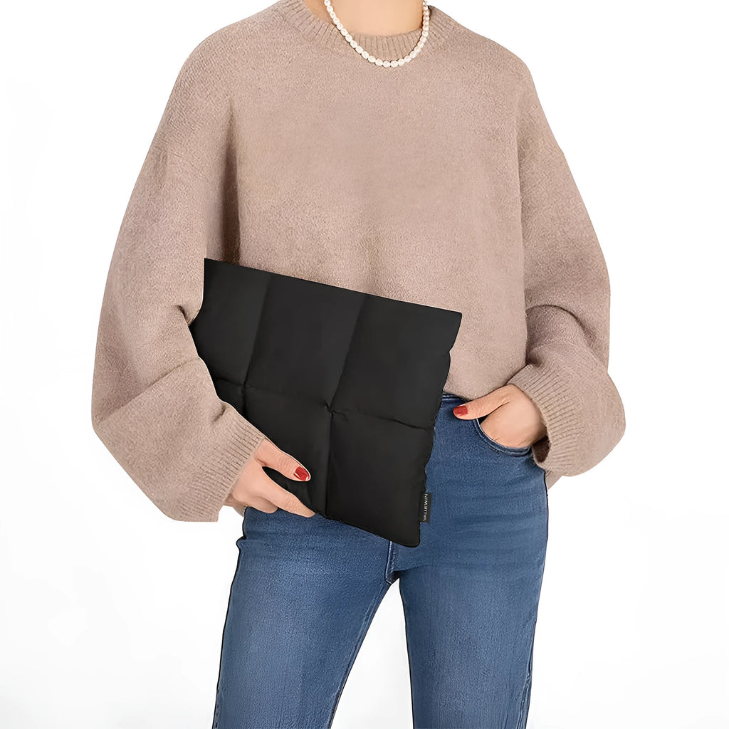 Soft fluffy laptop sleeve in black and khaki colours for 13-15.6 inch laptops with sewing thread detail