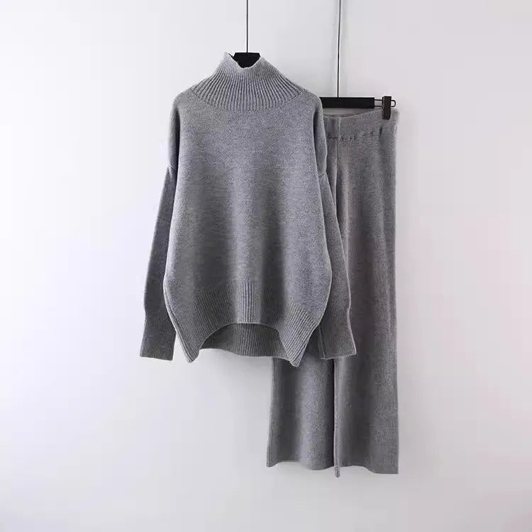 Women's casual long-sleeve sweater and wide-leg trousers co-ordinated set.