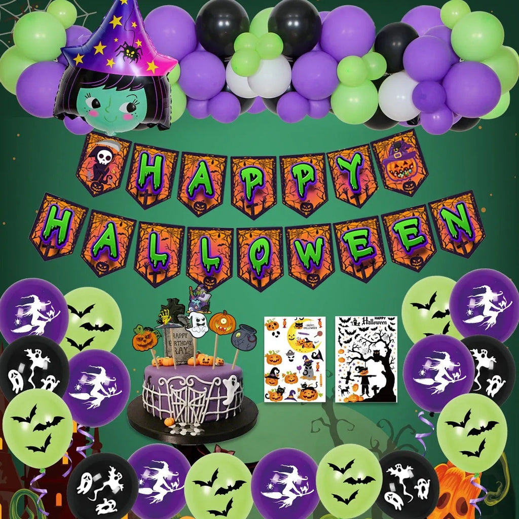 Black and white Halloween balloons with skull and pumpkin designs arranged as spider arch decoration