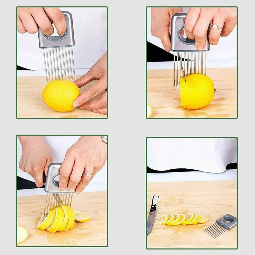 Stainless steel onion holder slicer kitchen tool with sharp prongs and finger guard on a cutting board.