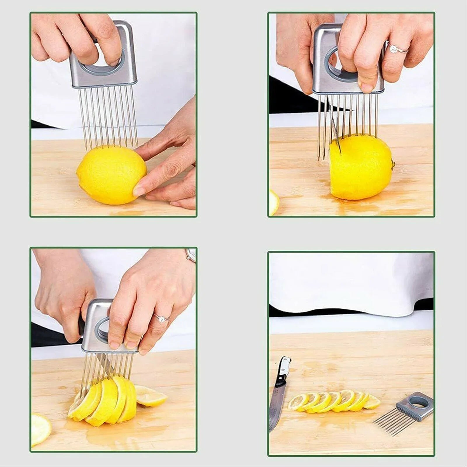 Stainless steel onion holder slicer kitchen tool with sharp prongs and finger guard on a cutting board.