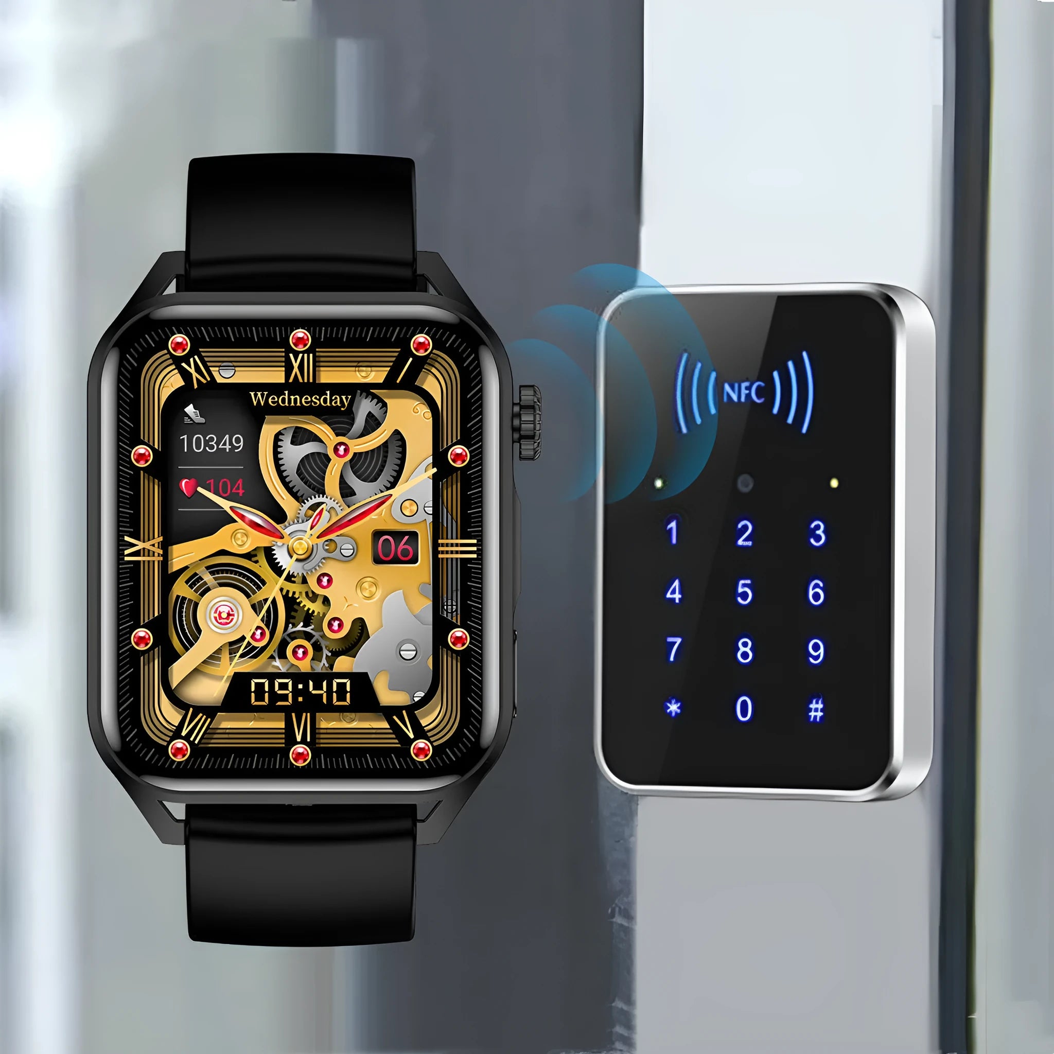 Simple HD AMOLED smartwatch with NFC on a silicone strap, showing a multi-dial display.
