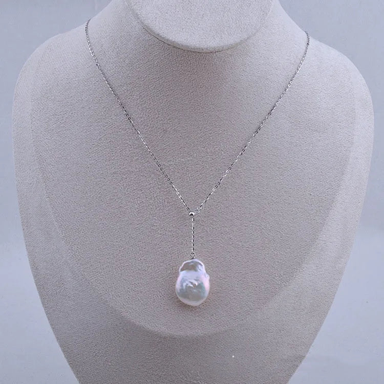 Freshwater pearl shaped baroque pendant on 925 sterling silver button necklace, natural water flow style, silver colour