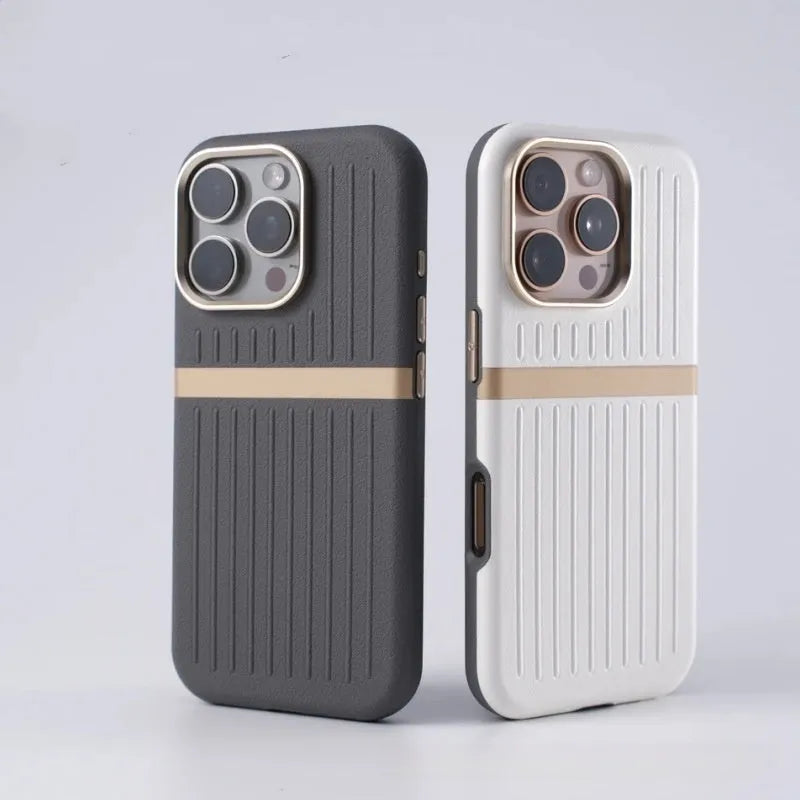 Corrugated magnetic phone case in black with frosted imitation leather finish for IPhone 15.