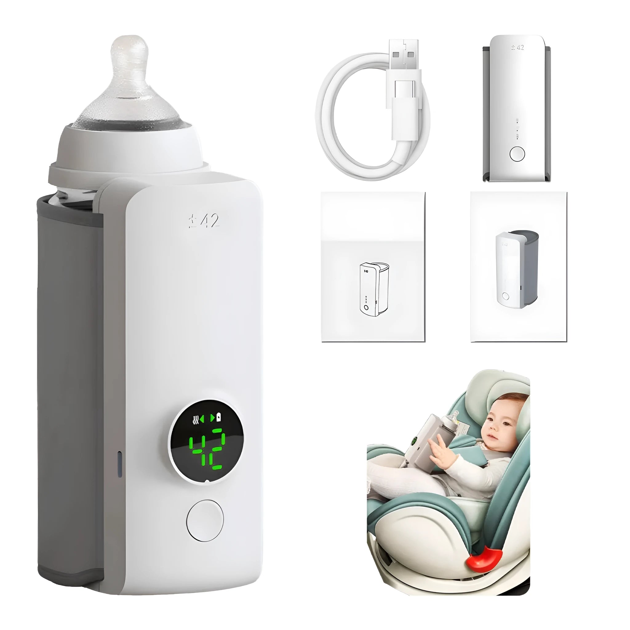 Grey portable USB rechargeable baby bottle warmer with digital display wrapped around a baby bottle.