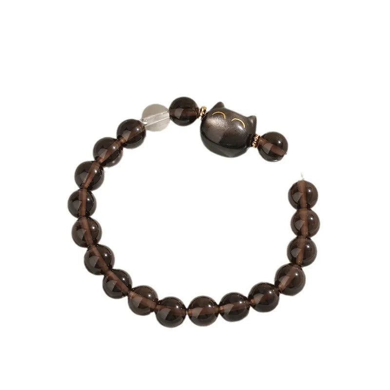 Silver opal cat head bracelet with 8mm ice stone bead on adjustable leather cord