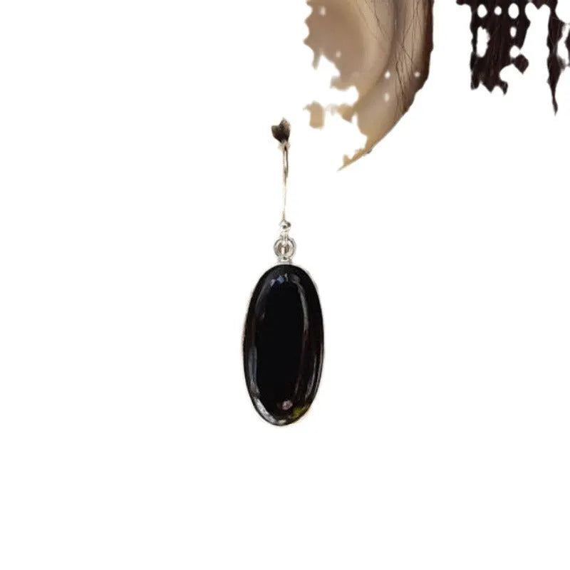 Black oval geometric pendant earrings with electroplated 925 silver alloy for women