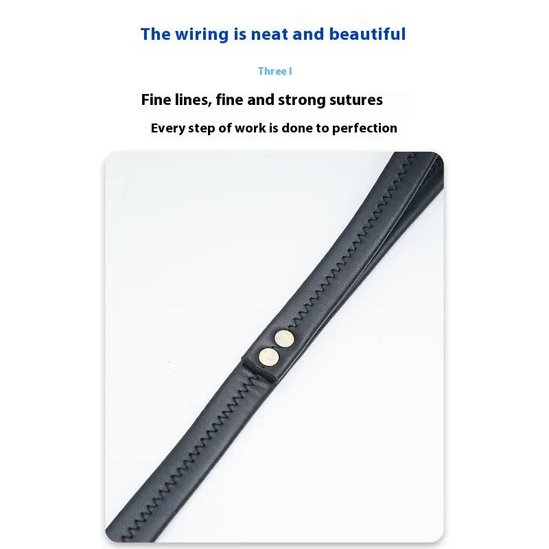 Black high-grade PU leather dog traction belt with a metal ring, shown alongside its attached rope.