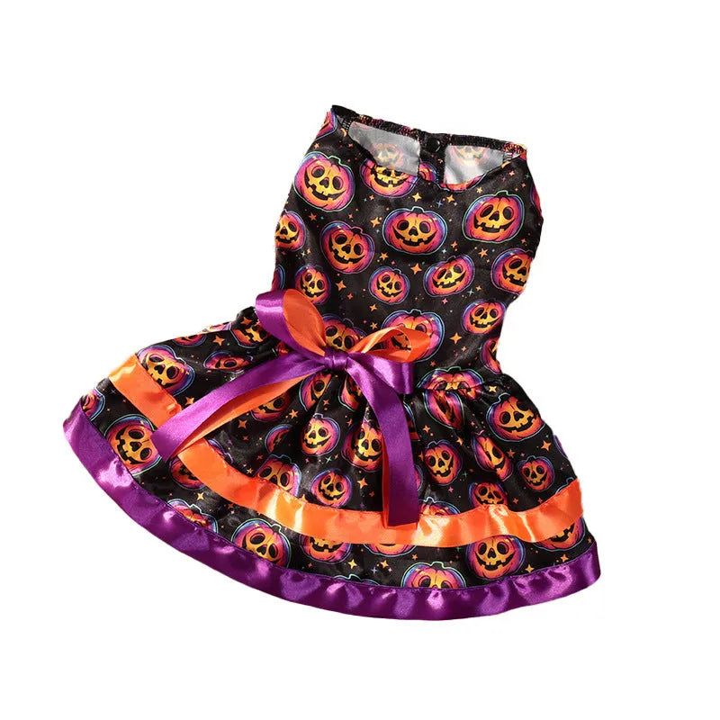 Colourful double-layer Halloween skirt for dogs in pumpkin or skull print.