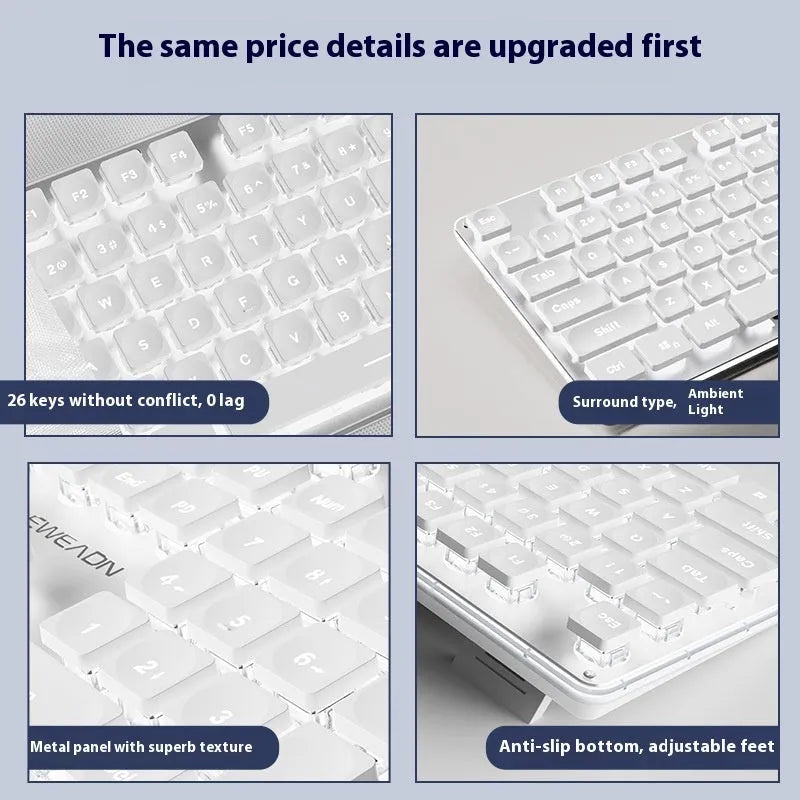 Wired mechanical keyboard with quiet button switches and single-colour backlighting