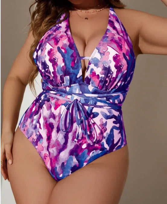 Women's blue halter neck one-piece swimsuit in briefs style