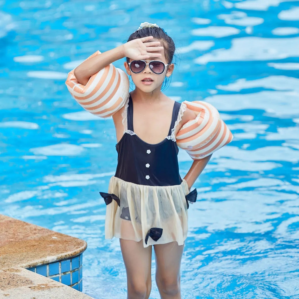 Pair of cylinder blue PVC swimming arm floats for children and adults retro series