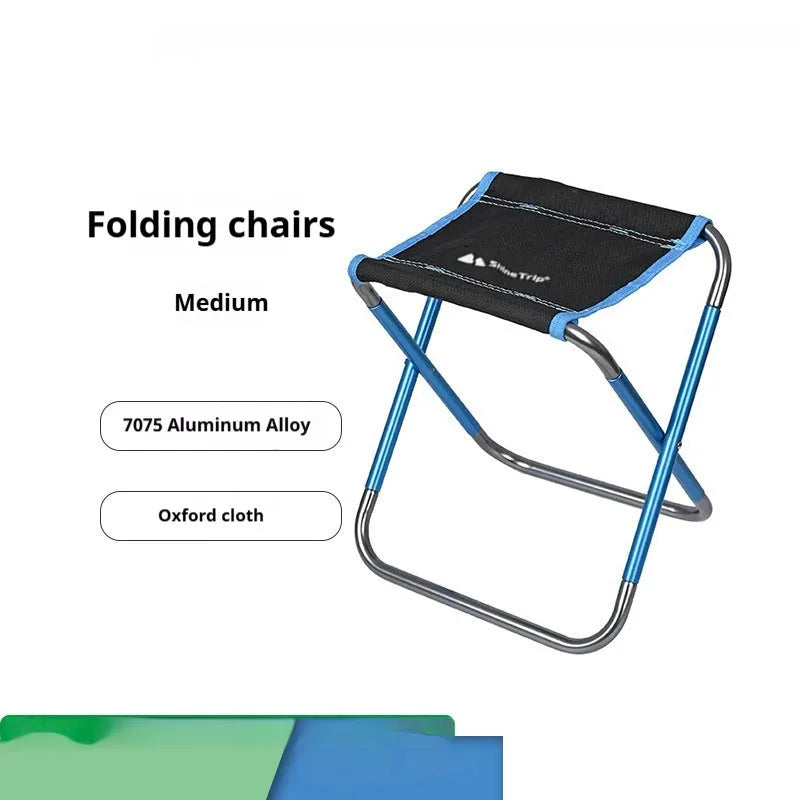Black aluminium alloy folding stool in a folded and unfolded state.